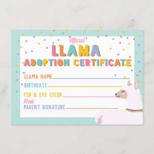 Invitation Panneau du certificat d'adoption de Llama