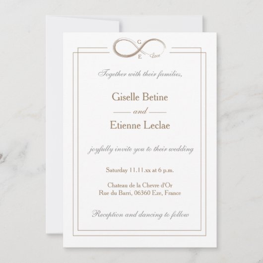Invitation Panneau infini Monogramme Mariage gris blanc or (Devant)