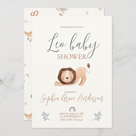 Invitation Panneau Leo Zodiac baby shower (Devant / Derrière)