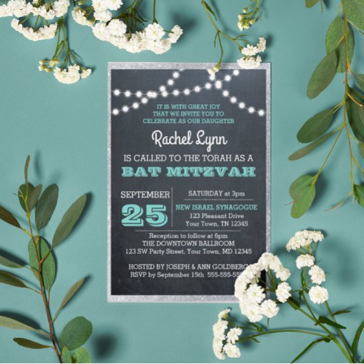 Invitation Panneau lumineux Turquoise Bat mitzvah de bordure