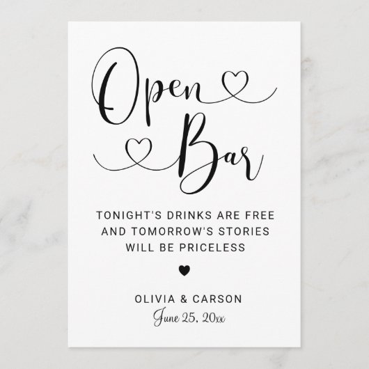 Invitation Panneau Mariage de script de code noir Open Bar (Devant)