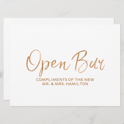 Invitation Panneau Mariage "Open Bar Sign" | Rose or élégant (Devant / Derrière)