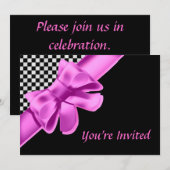 Invitation Panneau noir et blanc Bow rose (Devant / Derrière)