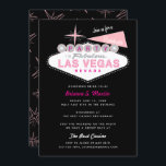 Invitation Panneau Retro Las Vegas Bachelorette Party Invitat<br><div class="desc">L'emblématique panneau "Welcome to Las Vegas" est présenté avec la mention "Party in Las Vegas". Texte de style rétro pour le nom de la mariée et le nom du casino. Le support motif rétro étoile est facultatif. Coins arrondis facultatifs. Couleurs noir, rose et gris. D'autres combinaisons de couleurs sont disponibles....</div>