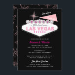 Invitation Panneau Retro Las Vegas Bachelorette Party Invitat<br><div class="desc">L'emblématique panneau "Welcome to Las Vegas" est présenté avec la mention "Party in Las Vegas". Texte de style rétro pour le nom de la mariée et le nom du casino. Le support motif rétro étoile est facultatif. Coins arrondis facultatifs. Couleurs noir, rose et gris. D'autres combinaisons de couleurs sont disponibles....</div>