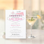 Invitation Panneau Retro Las Vegas Bachelorette Party Invitat<br><div class="desc">L'emblématique panneau "Welcome to Las Vegas" est présenté avec la mention "Party in Las Vegas". Texte de style rétro pour le nom de la mariée et le nom du casino. Le support motif rétro étoile est facultatif. Coins arrondis facultatifs. Couleurs rose et gris. D'autres combinaisons de couleurs sont disponibles.</div>