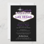 Invitation Panneau Retro Las Vegas Bachelorette Party Invitat<br><div class="desc">L'emblématique panneau "Welcome to Las Vegas" est présenté avec la mention "Party in Las Vegas". Texte de style rétro pour le nom de la mariée et le nom du casino. Le support motif rétro étoile est facultatif. Coins arrondis facultatifs. Couleurs noir et violet. D'autres combinaisons de couleurs sont disponibles.</div>