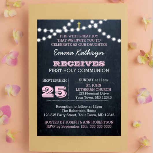 Invitation Panneaux de Chalkboard Pink First Communion Invita