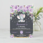 Invitation Panneaux d'éléphant floral pourpre 1er anniversair (Debout devant)