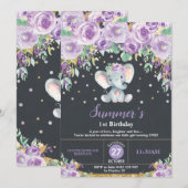 Invitation Panneaux d'éléphant floral pourpre 1er anniversair (Devant / Derrière)