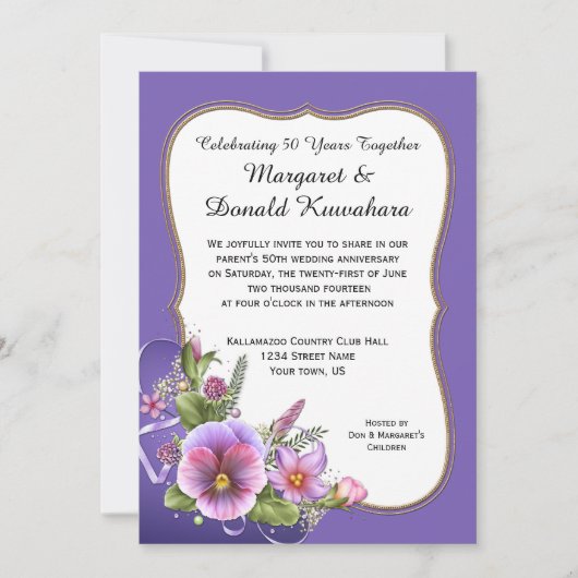 Invitation Panneaux violets roses Cadre doré 50e anniversaire (Devant)