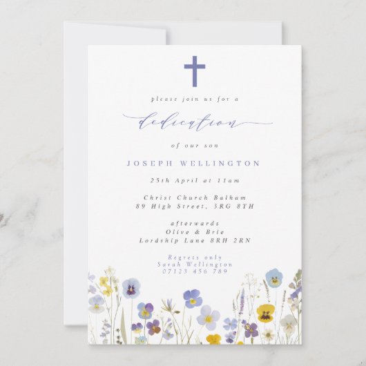 Invitation Pansies bleues et jaunes Fleurs sauvages Dédicatio (Devant)