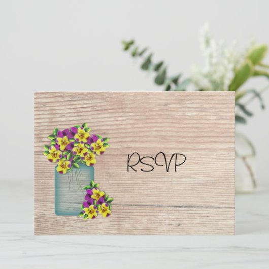 Invitation Pansies en bocal Mason bleu Réception RSVP (Debout devant)