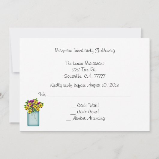 Invitation Pansies en bocal Mason bleu Réception RSVP (Dos)