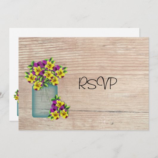 Invitation Pansies en bocal Mason bleu Réception RSVP (Devant / Derrière)