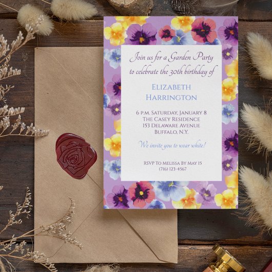 Invitation Pansies peintes à la main Fête Jardin Floral Anniv