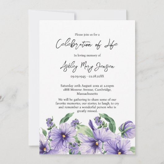 Invitation Pansy Celebration of Life Photo Funeral (Dos)