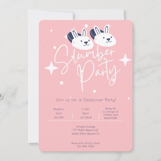 Invitation Pantoufles Lapin Rose Moderne Soirée Pyjama (Devant)