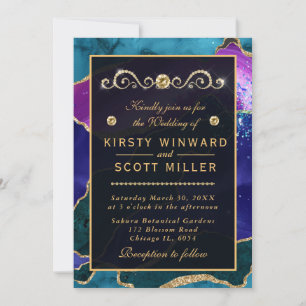Invitation Paon Agate rose et violet & Mariage paillettes d'o