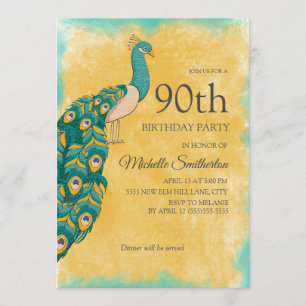 Invitation Paon aquarelle jaune sarcelle pour 90e anniversair