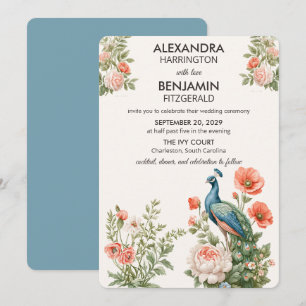 Invitation Paon Botanique de Mariage Art Floral Vintage