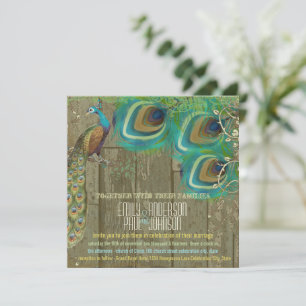 Invitation Paon Country Chic Vintage 3 plumes Bois Ancien