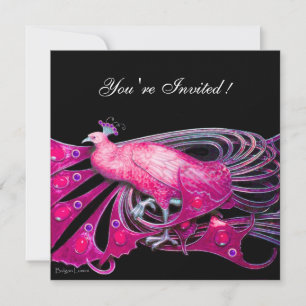 INVITATION PAON ÉLÉGANT EN FUCHSIA, ROSE ET NOIR
