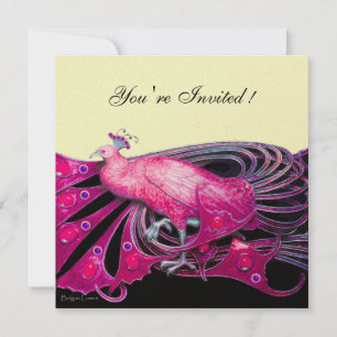 INVITATION PAON ÉLÉGANT EN FUCHSIA, ROSE, NOIR ET OR