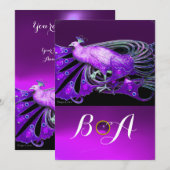 INVITATION PAON ÉLÉGANT EN PURPRE, MONOGRAMME DE MARIAGE NOIR (Devant / Derrière)