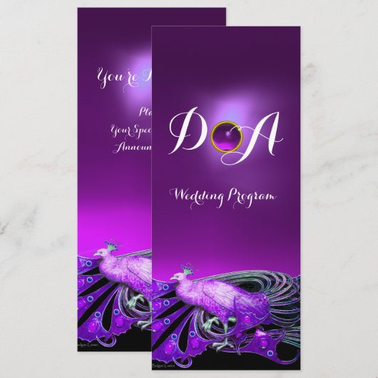 INVITATION PAON ÉLÉGANT EN PURPRE,MONOGRAMME DE MARIAGE NOIR (Devant / Derrière)