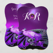 INVITATION PAON ÉLÉGANT EN PURPRE, MONOGRAMME DE MARIAGE NOIR (Devant / Derrière)