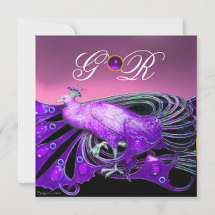 INVITATION PAON ÉLÉGANT EN VIOLET, MONOGRAMME DE MARIAGE ROSE