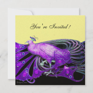 INVITATION PAON ÉLÉGANT EN VIOLET NOIR ET OR JAUNE