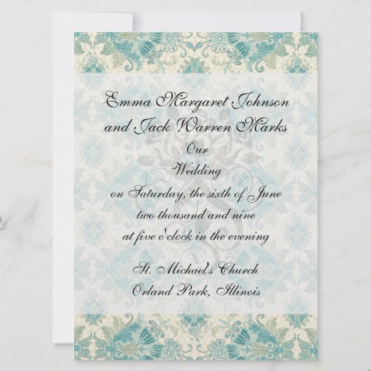 Invitation paon et crème élégante turquoise mariage damassé (Dos)
