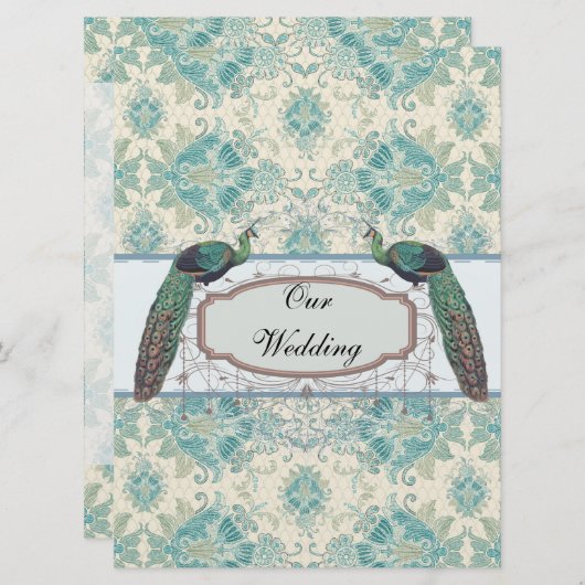 Invitation paon et crème élégante turquoise mariage damassé (Devant / Derrière)