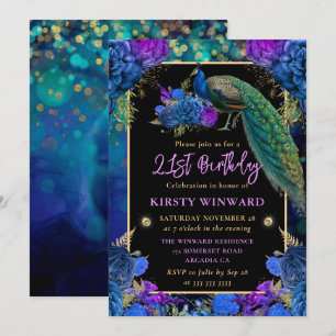 Invitation Paon floral bleu et violet pour 21e anniversaire