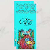 INVITATION PAONS AMOUREUX BLEU AQUA SARCELLE DAMAS MONOGRAMME (Devant / Derrière)