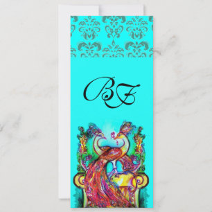 INVITATION PAONS AMOUREUX BLEU AQUA SARCELLE DAMAS MONOGRAMME