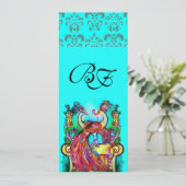 INVITATION PAONS AMOUREUX BLEU AQUA TURQUOISE  DAMAS MONOGRAM (Debout devant)