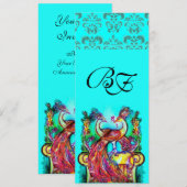 INVITATION PAONS AMOUREUX BLEU AQUA TURQUOISE  DAMAS MONOGRAM (Devant / Derrière)