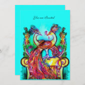 Invitation PAONS AMOUREUX Mariage Rouge Turquoise Vert Aqua B (Devant / Derrière)