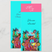 Invitation PAONS AMOUREUX  MONOGRAMME rose turquoise bleu ver (Devant / Derrière)