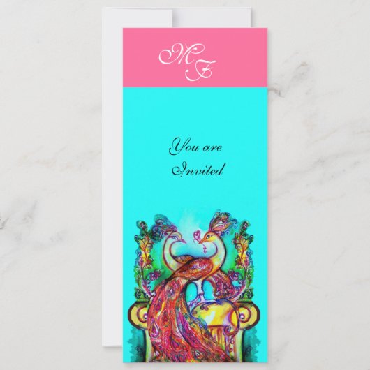 Invitation PAONS AMOUREUX  MONOGRAMME rose turquoise bleu ver (Devant)
