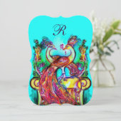 Invitation PAONS AMOUREUX MONOGRAMME Rouge Bleu sarcelle Vert (Debout devant)