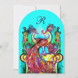 Invitation PAONS AMOUREUX MONOGRAMME rouge bleu turquoise ver