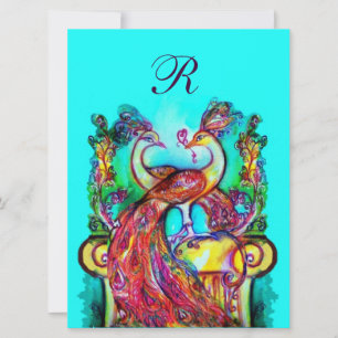 Invitation PAONS AMOUREUX MONOGRAMME rouge bleu turquoise ver