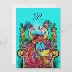 Invitation PAONS AMOUREUX MONOGRAMME rouge sarcelle bleu vert