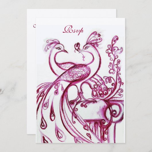 Invitation PAONS AMOUREUX RSVP, rouge or burgundy rose gold (Devant / Derrière)