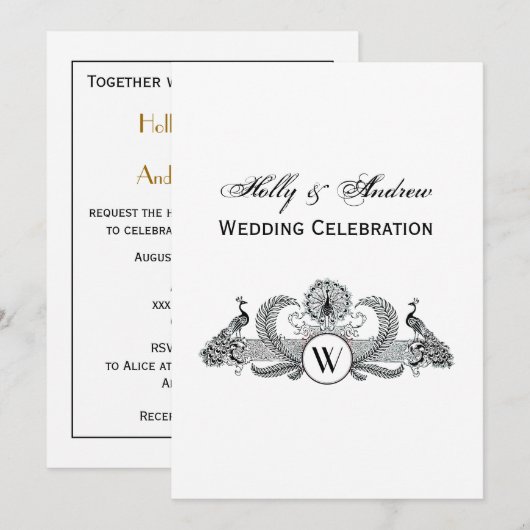 Invitation Paons vintage avec monogramme (Devant / Derrière)