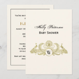 Invitation Paons Vintage Monogramme Ivoire BG Faux Or